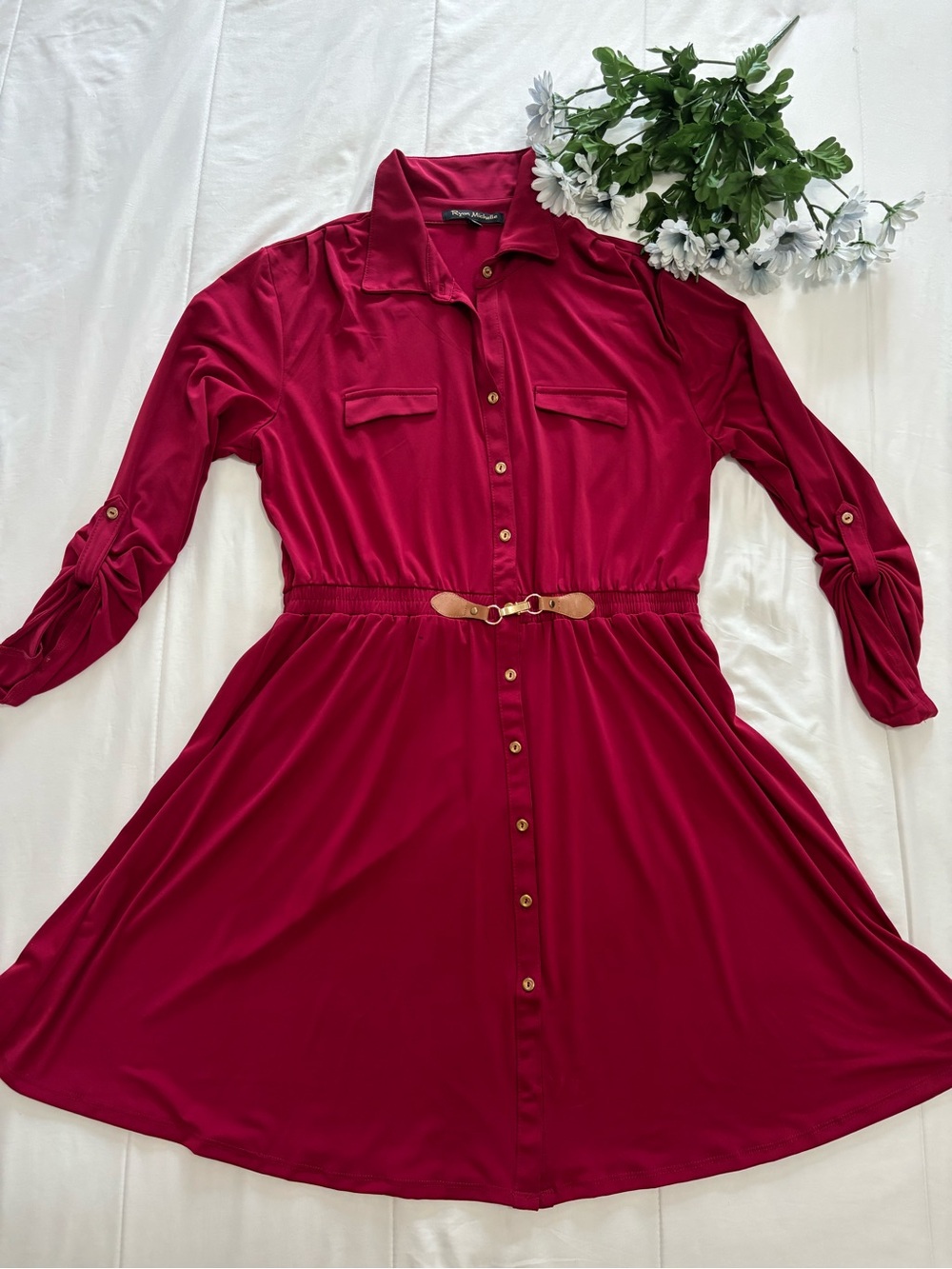 Ryan Michelle Red Utility Shirt Dress Gold Buckle Academia Modest Preppy